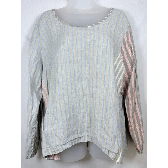 FLAX Linen Stripe Top L Made in Lithuania Blue Red Oversized Boxy Coastal Boho - Picture 1 of 11